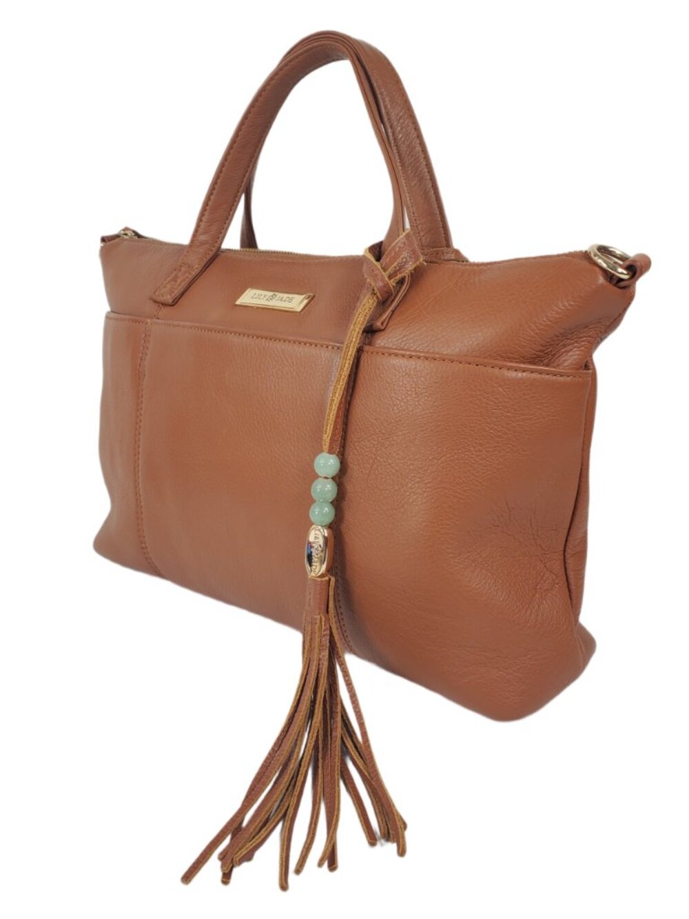 Lily Jade 100% Leather Tote /Shoulder Bag Brown Turquoise Lining w/ Tassels